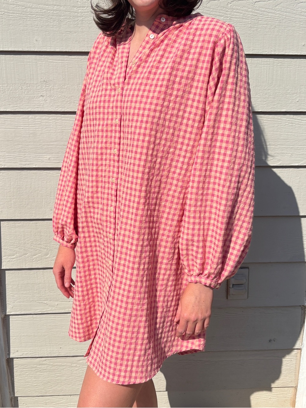 FRNCH Pink Gingham Long-Sleeve Shirt Dress